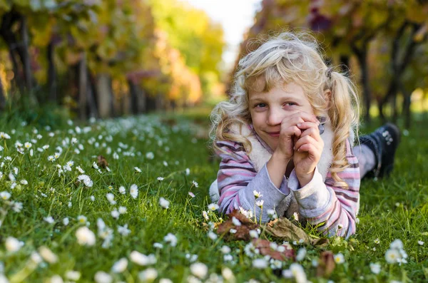 Adorabile bambino in fiori di margherita ed erba in autunno — Foto Stock