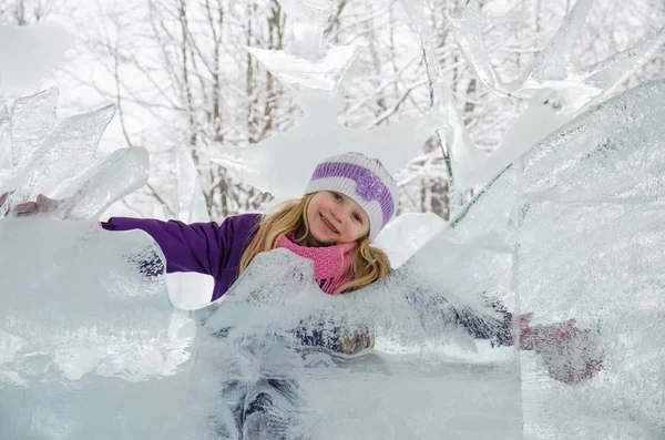 Little Blond Girl Ice Sculptures Forest — Stock Photo, Image