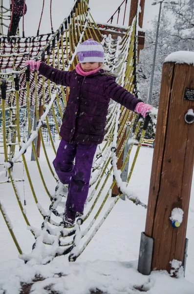 Child Enjoying Playing Winter Playground Covered Snow — Stock Photo, Image