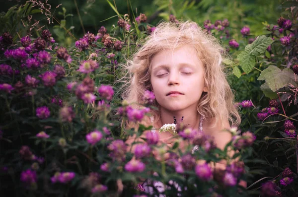 Little Blond Girl Pink Clover Flowers All — Stock Photo, Image