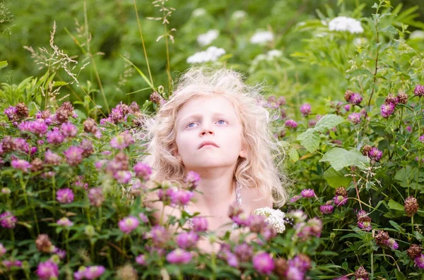 Liten Blond Flicka Med Rosa Klöver Blommor — Stockfoto