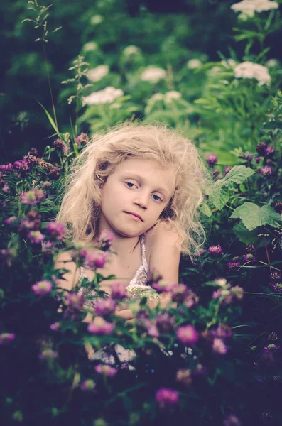Pembe Yonca Çiçek Taşıyan Küçük Sarışın Kız — Stok fotoğraf