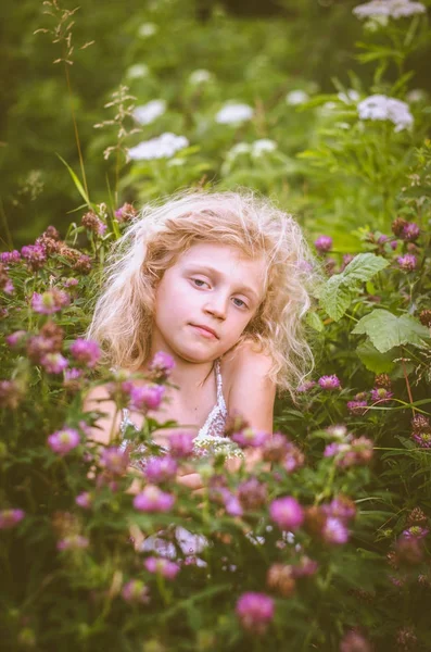 Blonďatá Holčička Květinami Růžový Jetel — Stock fotografie