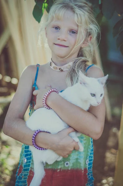 Encantadora chica acariciando un hermoso pequeño gato blanco — Foto de Stock