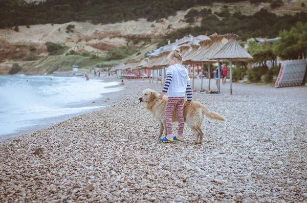 Menina Com Cão Praia Rochosa Costa Croata — Fotografia de Stock