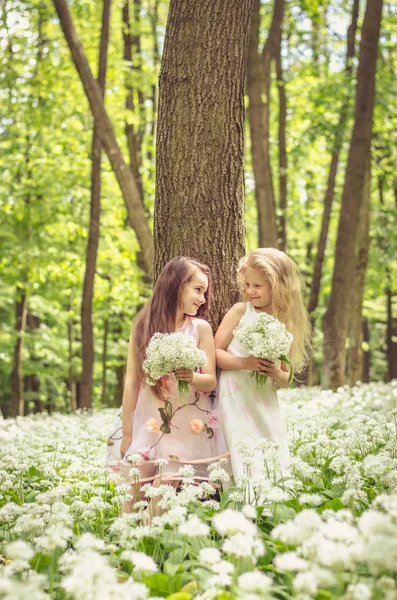 Zwei Schöne Mädchen Auf Einer Blühenden Wiese — Stockfoto
