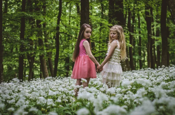 Schöne Mädchen Mit Langen Haaren Frühling Wald Rückseite — Stockfoto