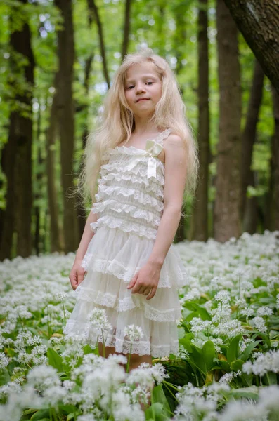 Bela Fada Menina Com Longos Cabelos Loiros Floresta Primavera — Fotografia de Stock