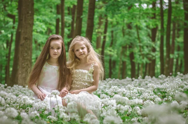 Meninas encantadoras em vestido branco na floresta de primavera — Fotografia de Stock