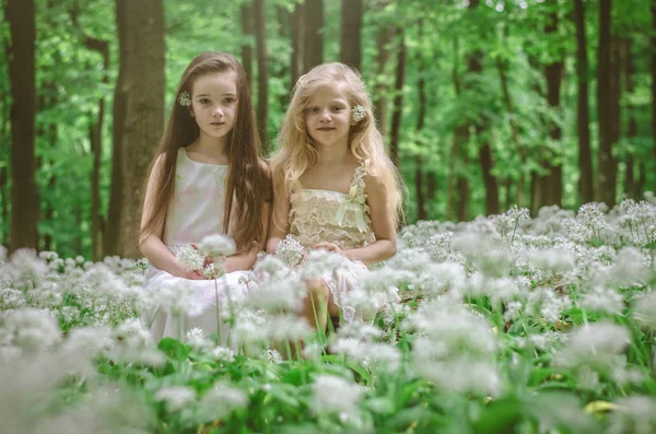 Amigos Felizes Meninas Aproveitando Tempo Floresta Primavera — Fotografia de Stock