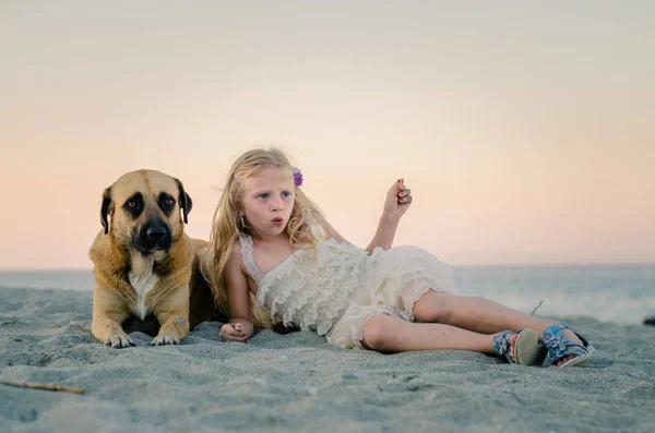 Criança feliz com cão na praia arenosa — Fotografia de Stock