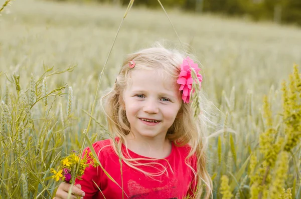 Linda menina loira retrato no campo verde — Fotografia de Stock
