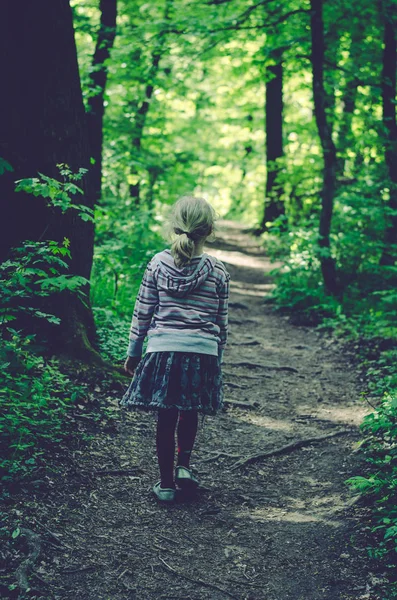 Mädchen geht im Frühlingswald spazieren — Stockfoto