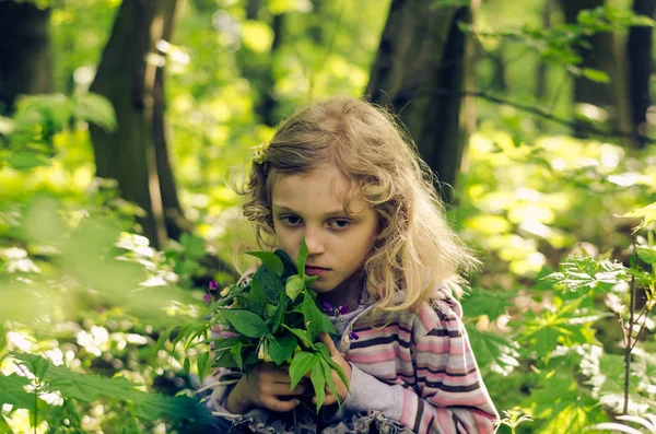 Menina Com Cabelos Longos Segurando Folhas Verdes Floresta Primavera — Fotografia de Stock