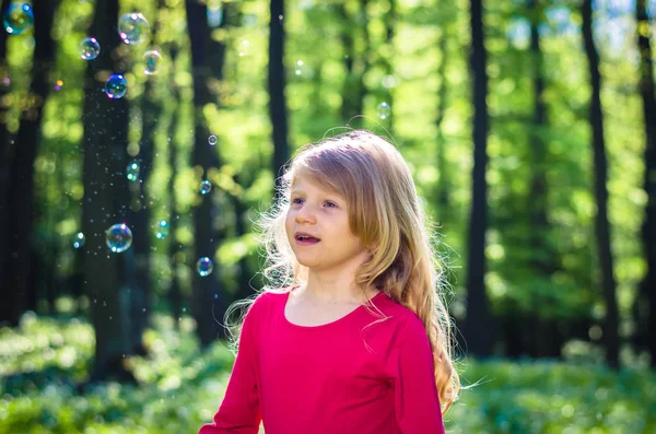 Adorable Little Girl Playing Spring Forest — Stock Photo, Image