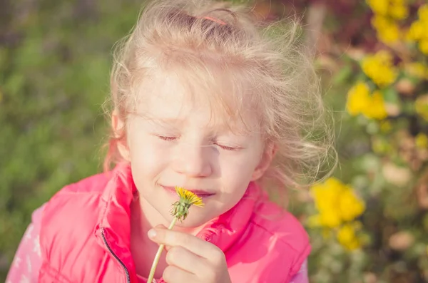 Pequeño niño encantador oliendo a flor de diente de león — Foto de Stock