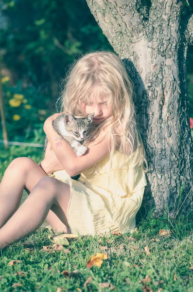 Dítě a domácí kočka společně — Stock fotografie