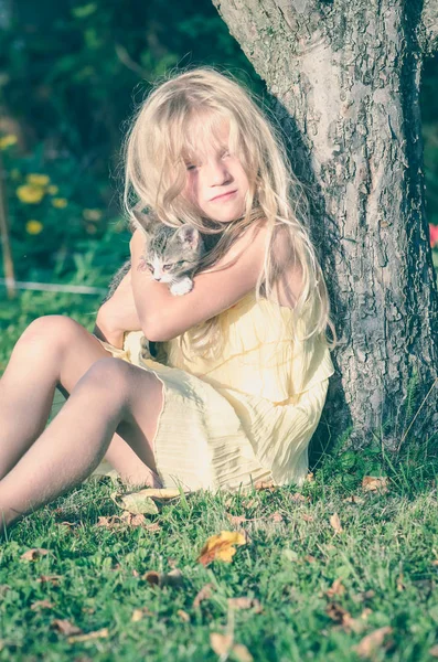 Child and domestic cat together — Stock Photo, Image