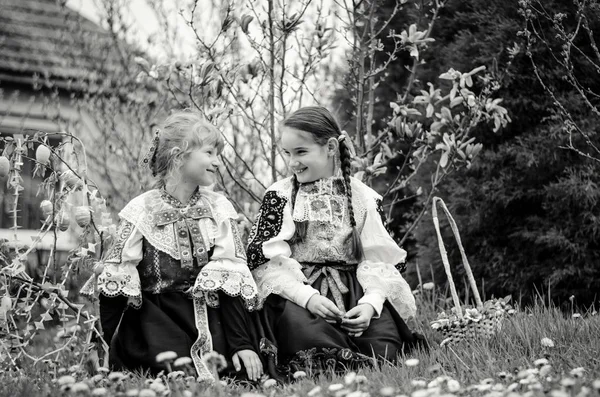 Easter traditional folk costumes in Slovakia, Europe monochrome — Stock Photo, Image