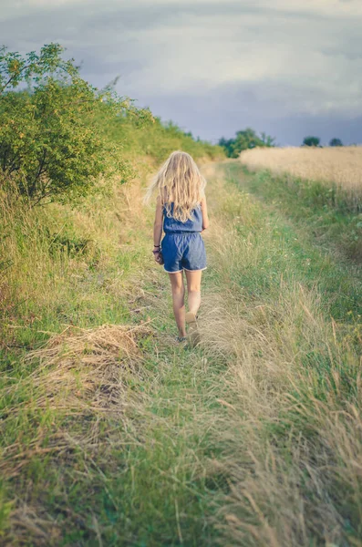 一个金发碧眼的小女孩一个人在田野里走来走去 — 图库照片