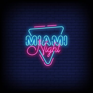 Miami Gecesi Mektup Etkisi Neon. Light Banner, Poster. Vektör  