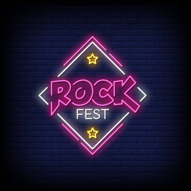 Rock Festivali Mektup Efekti Neon. Light Banner, Poster. Vektör  