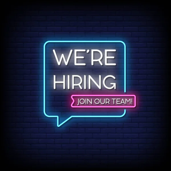 Ekibimize katılıyoruz. Metin efekti neonu, basitçe vektör illüstrasyonu.