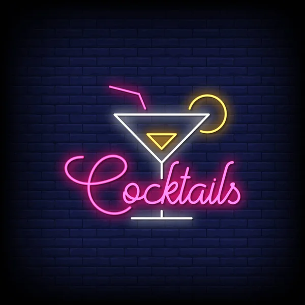 Glowing Lettering Cocktails Dark Wall Background — 스톡 벡터