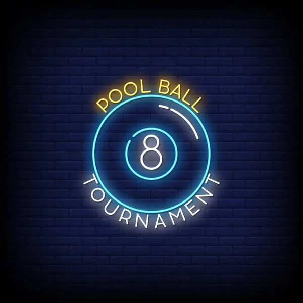 Pool Ball Turnier Glühender Schriftzug Auf Dunklem Wandhintergrund Einfach Vektorillustration — Stockvektor