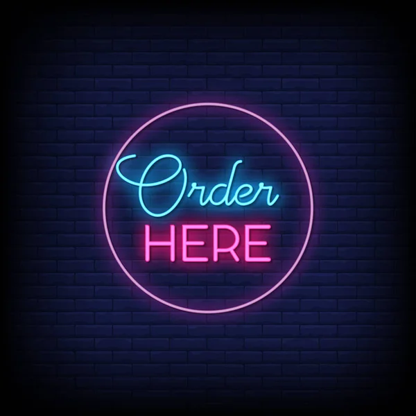 Order Here Glowing Lettering Dark Wall Background Simply Vector Illustration — ストックベクタ