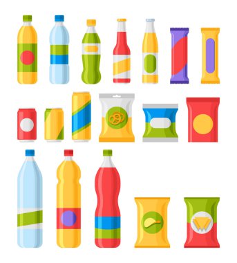 Fast food snacks and drinks flat vector icons.