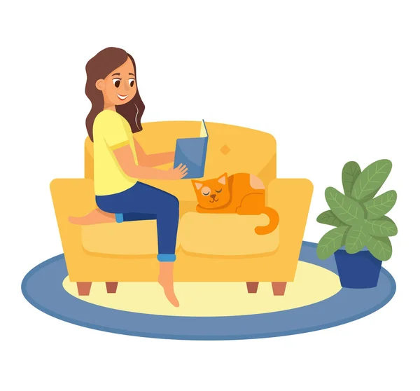 Young woman staying at home and reading a book during coronavirus quarantine. — Stock Vector
