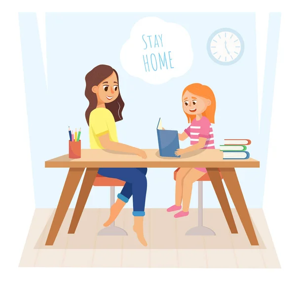 The girl does homework with her mother. Child reads a book for her mom. — Stock Vector