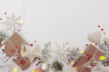 Kış düz ve doğal dalları vardı. Açık gri arkaplanda kopya alanı olan yapraklar ve sunumlar