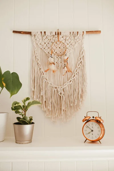 Cozy modern fire place with plants and macrame