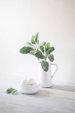 White jug with sage plant, white bowl with eggs on white backgro