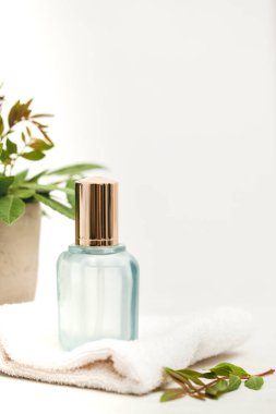 Beyaz havluda cam yüzlü serum şişesi. Cilt bakım rutini,