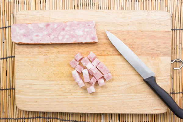 Chef cutting bacon for cooking fired rice — Stock Photo, Image
