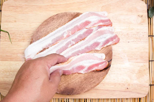 Chef prepared bacon before cooking — Stock Photo, Image