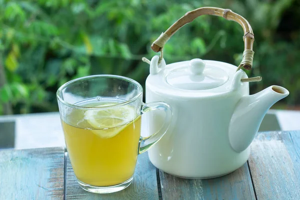 Hot Tea Cup Lemon Teapot Garden Background — Stock Photo, Image