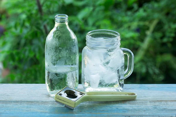一杯清凉的冰块和一瓶苏打水 — 图库照片