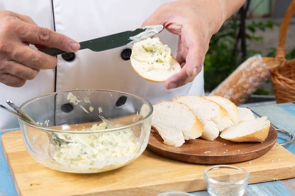 Chef Spread Garlic Butter Slice Bread Cooking Garlic Bread Concept — Stock Photo, Image