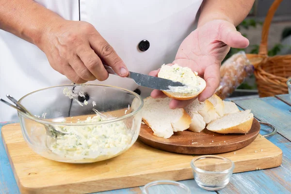 Chef Spread Garlic Butter Slice Bread Cooking Garlic Bread Concept — Stock Photo, Image