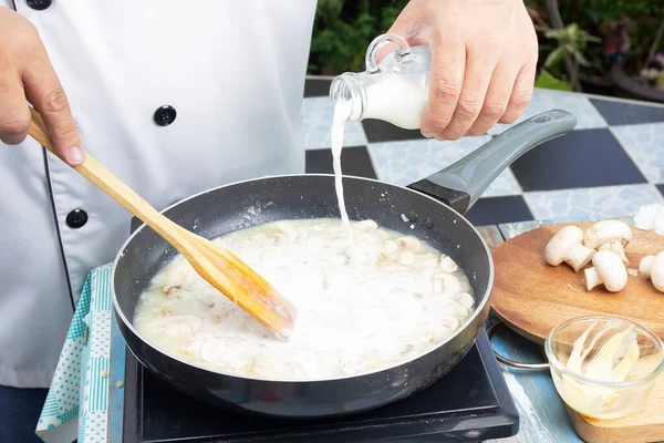 Chef Pouring Fresh Milk Pan Cooking Mushroom Cream Soup Cooking — Stock Photo, Image