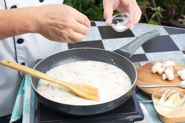 Chef Putting Salt Pan Cooking Mushroom Cream Soup Cooking Mushroom — Stock Photo, Image