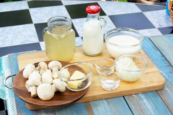 Zutat Für Gekochte Pilzcremesuppe Kochkonzept Für Pilzcremesuppe — Stockfoto