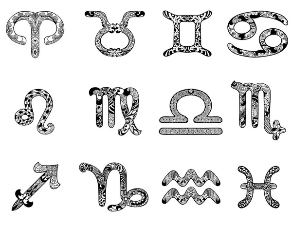 Signos do zodíaco em uma etnia, doodle, estilo zentangle —  Vetores de Stock