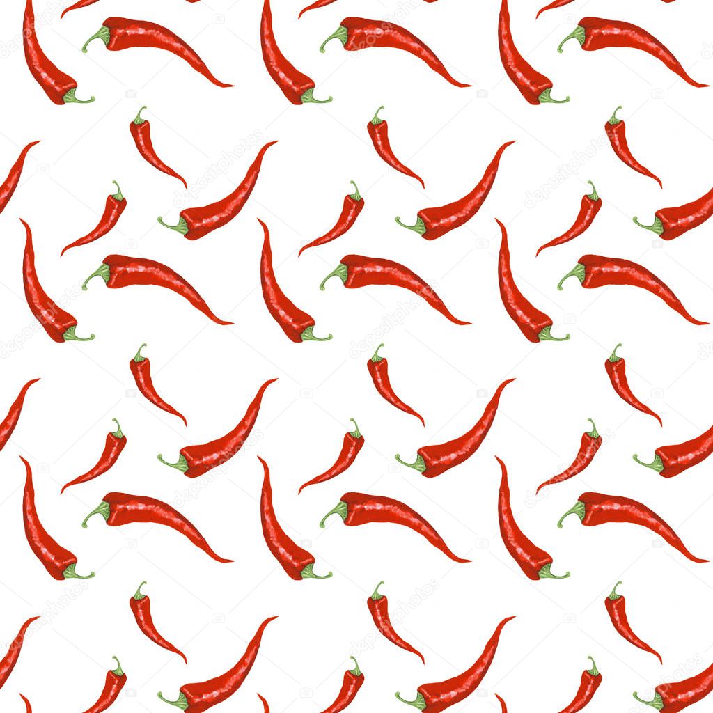 Watercolor seamless pattern with red hot chili peppers