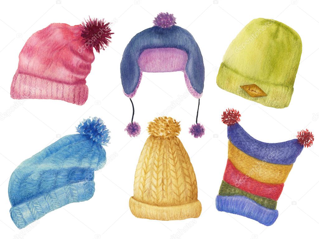 Set of knitted multi-colored winter hats.