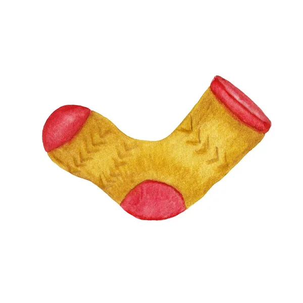 Aquarell gelb gestrickt mit roter Socke — Stockfoto
